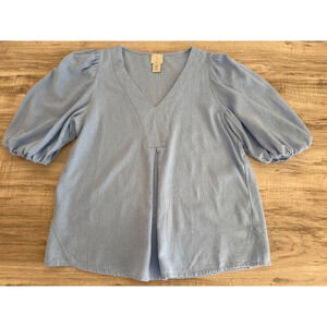 Jolie Women's Puff Sleeves Linen Blend Powder Blue Top - Size Med.